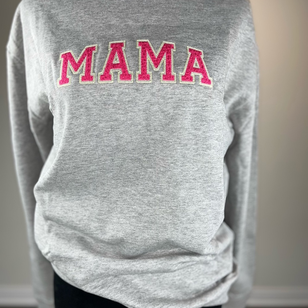 Gray Sweatshirt with Pink 'MAMA' Embroidery